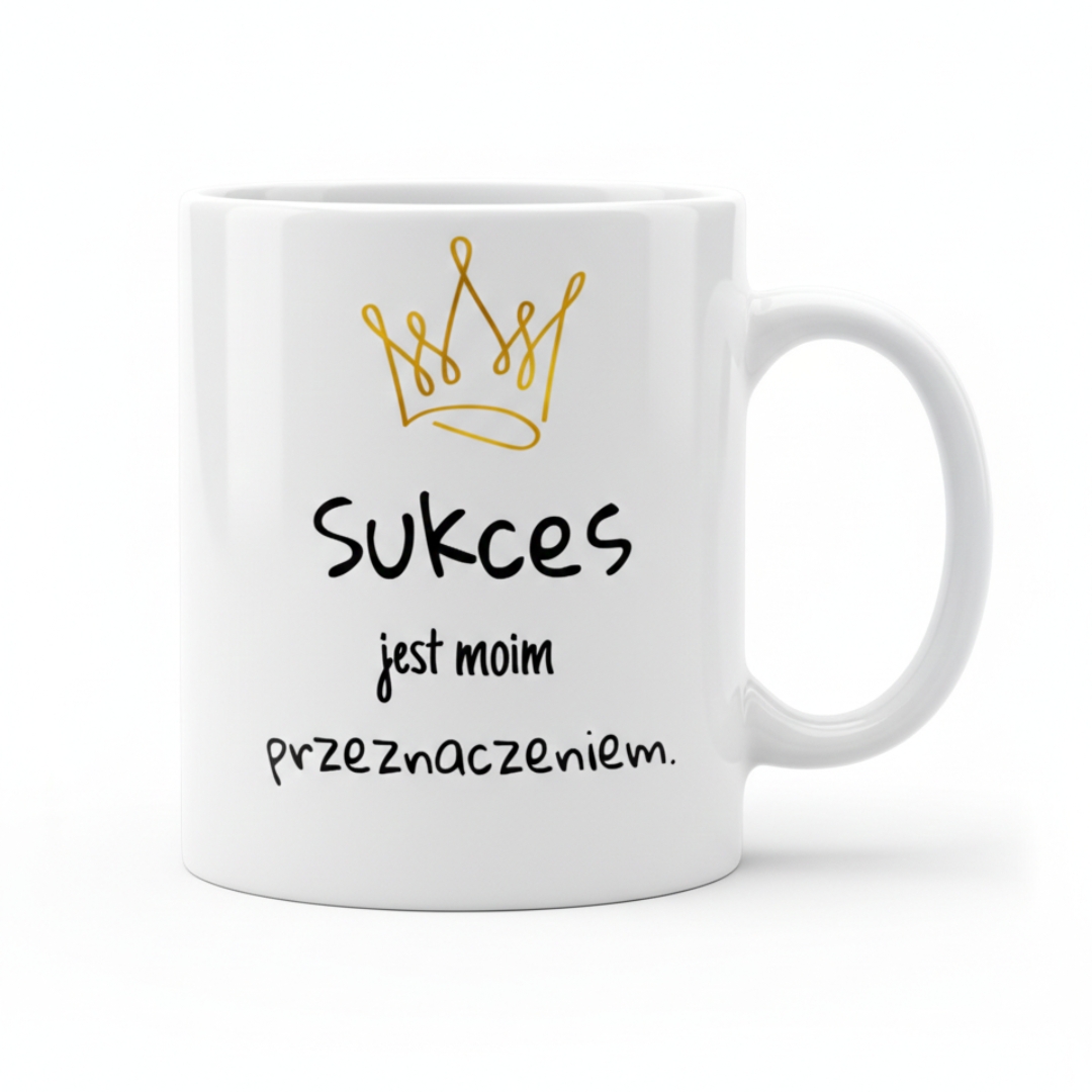 Biały kubek ceramiczny ze złotą grafiką korony i czarnym napisem afirmacyjnym "Sukces jest moim przeznaczeniem".