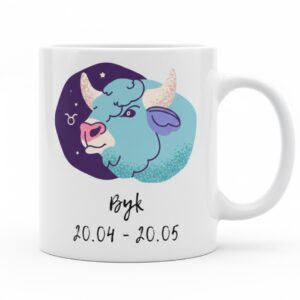 Biały kubek znak zodiaku Byk z kolorową ilustracją błękitnego byka oraz datami 20.04 - 20.05.
