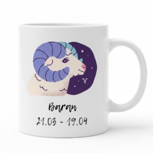 Biały kubek znak zodiaku Baran z kolorową ilustracją barana oraz datami 21.03 - 19.04.