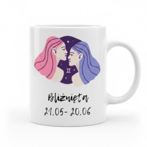 Biały kubek znak zodiaku Bliźnięta z kolorową grafiką przedstawiającą dwie postaci oraz datami 21.05 - 20.06.