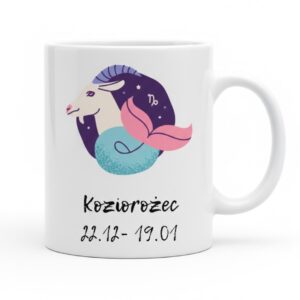Biały kubek znak zodiaku Koziorożec z kolorową grafiką przedstawiającą koziorożca z ogonem ryby oraz datami 22.12 - 19.01.