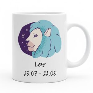 ALT Obrazek 1 (Przód): Biały kubek znak zodiaku Lew z artystyczną błękitną grafiką lwa oraz datami 23.07 - 22.08.