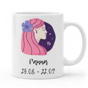Biały kubek znak zodiaku Panna z kolorową grafiką kobiety z kwiatem we włosach oraz datami 23.08 - 22.09.