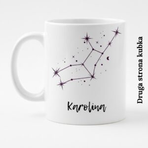 panna_tył Druga strona kubka z czarną grafiką konstelacji gwiazd Panny i przykładowym imieniem