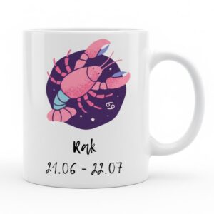 Biały kubek znak zodiaku Rak z kolorową grafiką różowego raka na ciemnym tle oraz datami 21.06 - 22.07.