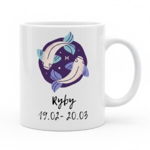 Biały kubek znak zodiaku Ryby z artystyczną grafiką dwóch ryb w odcieniach błękitu i fioletu oraz datami 19.02 - 20.03.