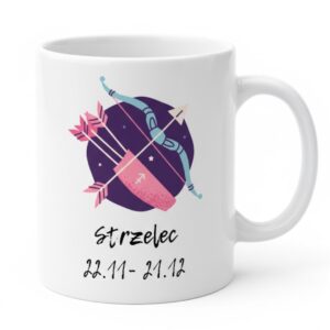 Biały kubek znak zodiaku Strzelec z artystyczną błękitną grafiką łucznika oraz datami 23.11 - 21.12.