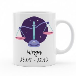 Biały kubek znak zodiaku Waga z kolorową grafiką szali wagi oraz datami 23.09 - 22.10.