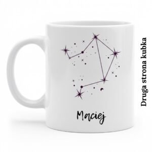Druga strona kubka z czarną grafiką konstelacji gwiazd Wagi i miejscem na personalizowane imię.