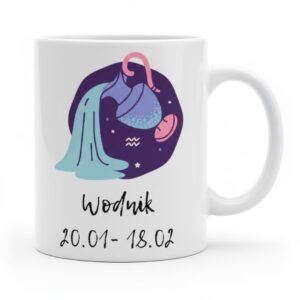 Biały kubek znak zodiaku Wodnik z kolorową grafiką fali/naczynia z wodą oraz datami 20.01 - 18.02.