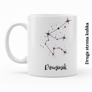 druga strona kubka z czarną grafiką konstelacji gwiazd Wodnika i miejscem na personalizowane imię.